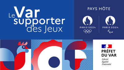 Le Var supporteur des Jeux sur fond bleu marine avec lgo de sports tirés de la charte graphiques des Jop Paris 2024