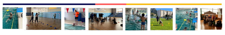 Phots des activités des enfants à la piscine, au gymnase sur le stadedans le cadre de la SOP