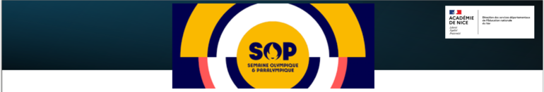 Logo de la SOP jaune rose et bleu marine et logo de la education nationale
