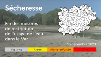 Le département du Var en blanc signifiant la fin des restrictions sécheresse sur photo de lit de rivière asséché