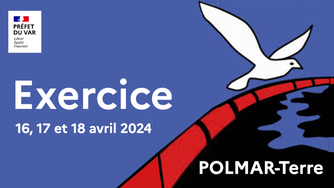 logo Polmar-terre avec la mouette et le barrage flottant orange pour anoncer exercice des 16,17 et 18 avril 2024
