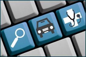 3 touches e couleur bleu d'un clavier d'ordinateur avec une loupe, une voiture et le symbole de la visite médicale dessus