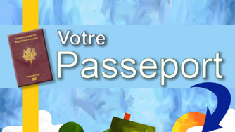 Affiche votre passeport c'est en mairie ! Avec un village en fond avec des maisons colorées;