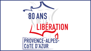 logo des 80 ans de la libération , carte de france bleue blanc rouge avec provence 