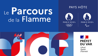 Le Parcours de la Flamme, Visuel représentant les des emblèmes français ainsi que les deux logos des JOP 2024 et la mention prefet du Var 