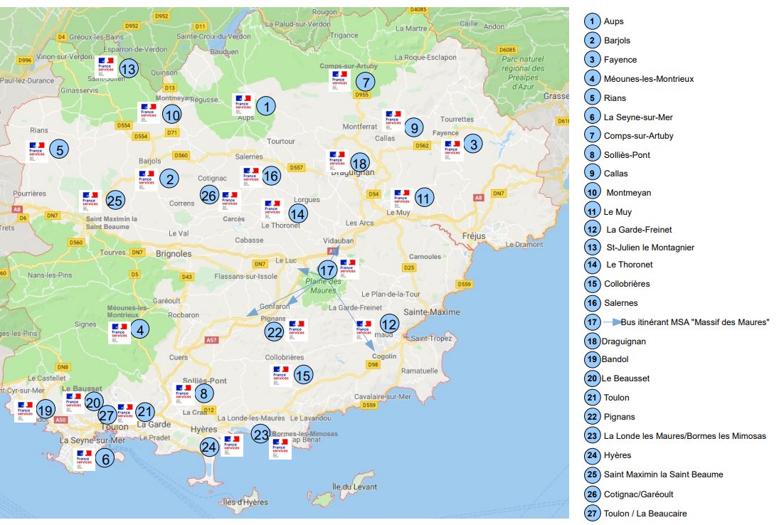 Carte des 27 sites france services dans le Var