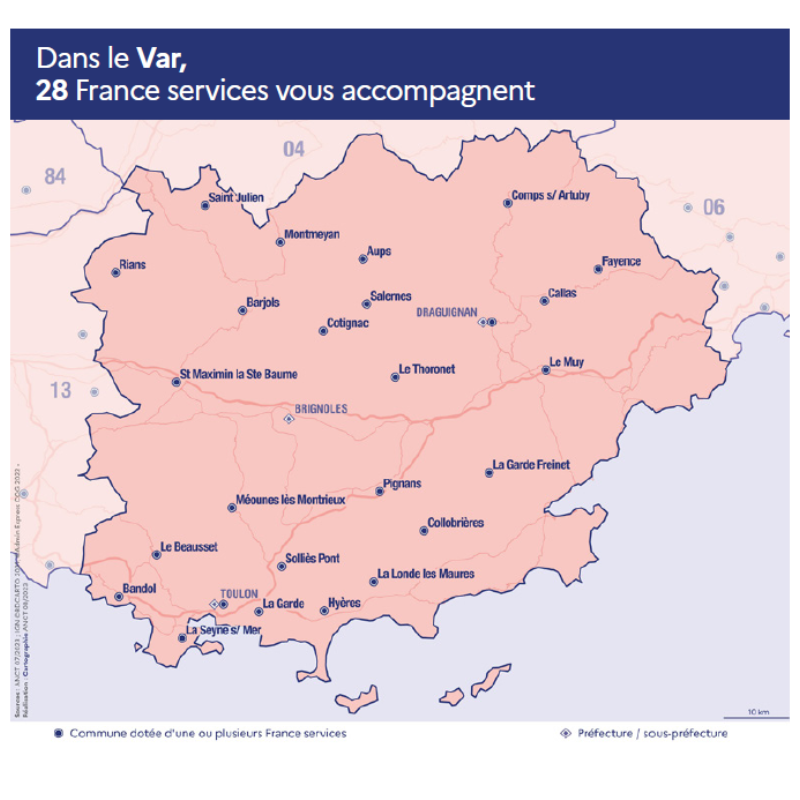 Carte des 28 sites france services dans le Var