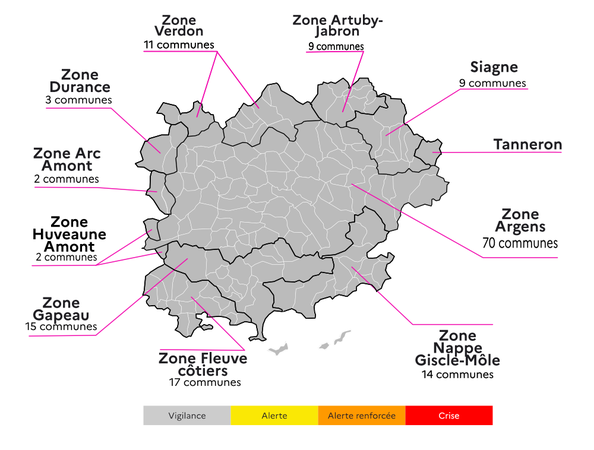 carte du Var en gris vigilance sécheresse, avec nom des zones et degré de sécheresse gris, jaune, orange, rouge