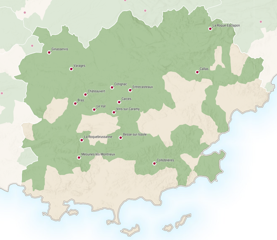 carte du Var avec les 15noms des communes labellisées village d'avenir